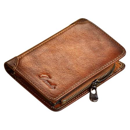 Retro Toppskiktsläder Herr Kort Plånbok RFID-blockerande Myntkort Hållare med Dragkedja Fick Brown