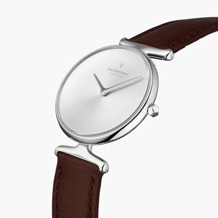 Nordgreen Best Women's Slim Designer Watch - Silver Case - Brushed Metal Dial - 28mm Dark Brown Leather Strap White Dial Unika