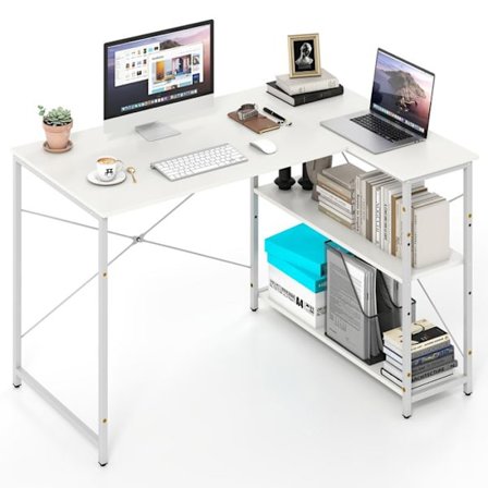 COSTWAY Vinkelkontor Reversibel med 2 Justerbare Hylder - Robust Metalramme 118 x 86 x 74 cm Hvid