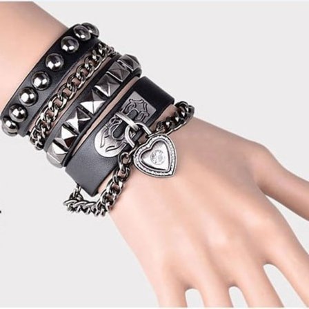 Nitbälte Flerlager Svart Läder Manschett Hjärtaformad Charm Armband Nitkedja Handled Punk Sport Rock Armband Justerbar 17+cm