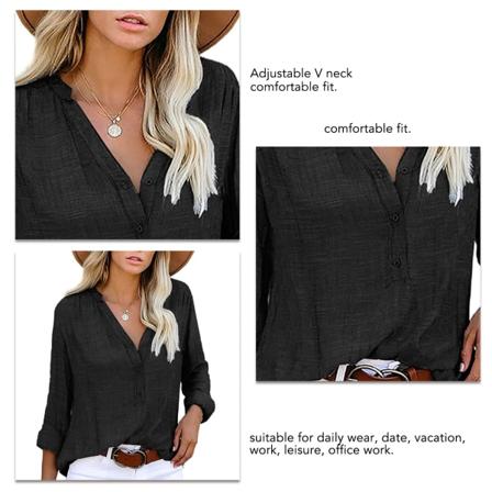 Kvinnor V-ringad Randig Skjorta Långärmad Lös Casual Justerbar Bekväm Damtopp för Dagligt Slitage Dejt Semester Arbete Svart L