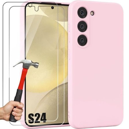 Coque en silicone - Booling - pour Samsung Galaxy S24 - Mat rose clair - Antichoc - 2 verres trempés