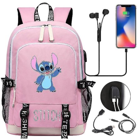 Stitch-matkalaukku, koululaukku USB-latauksella, Oxford-reppu Lilo ja Stitch -faneille, teini-ikäisten kannettava tietokoneen laukku, ihanteellinen 