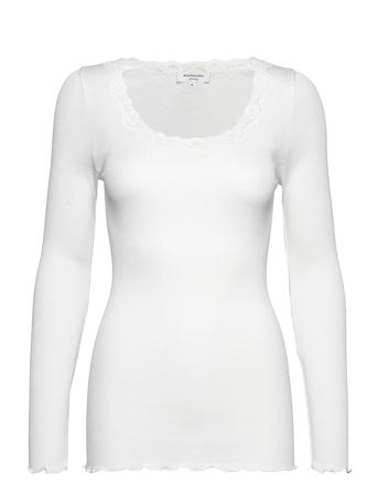 Silk T-Shirt W/ Lace T-shirts & Tops Long-sleeved Hvit Rosemunde*Betinget Tilbud