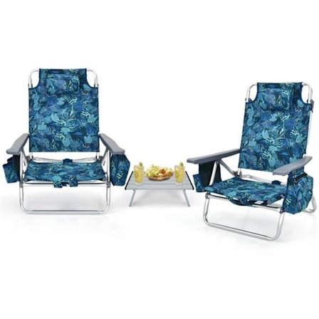 COSTWAY 3-delat set med 2 hopfällbara strandcampingstolar och rullbord, nackstöd, 5-läges justerbart ryggstöd