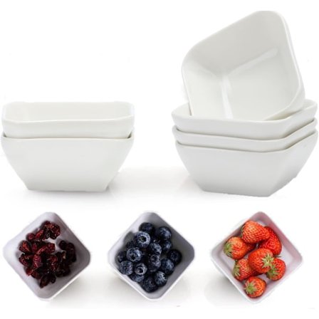 Firkantet 3oz sæt med 6 stk. hvide keramiske dyppeskåle, saucer til saucer, krydderiholder til ketchup, sojasauce, frugt, lille skål og festmiddag