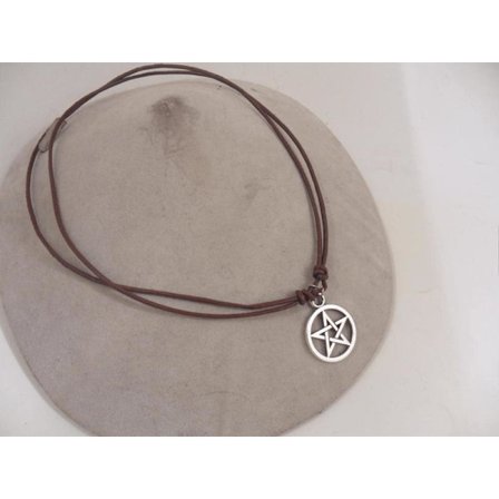 Handgjord Ställbar Brun läder halsband med pentagram hänge