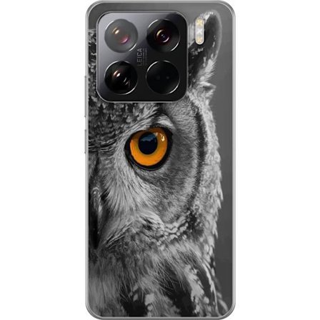 Yhteensopiva Puhelinkuori Xiaomi 15 Pro Mustavalkoinen lähikuva pöllöstä, jossa on voimakkaan oranssi silmä ja yksityiskohtainen sulan rakenne.