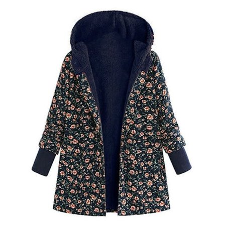 Basic Jakker Vinter Varme Hætte Yderbeklædning Vintage Blomsterprint Fløjl Plys Frakker Med Lomme Langærmet Casual Plus Størrelse Navy 4XL