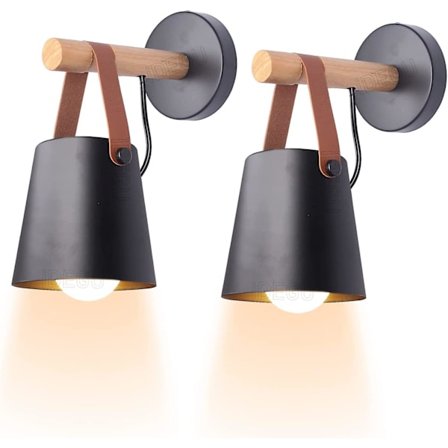 Set med 2 vintage minimalistiska inomhusvägglampor, modern vägglampa E27 armatur, metallskärm med trästativ för sovrum, kontor, hall (svart)