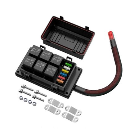 Reléboks 12V med 6 stk. 4-pinners reléer og 6 stk. ATC/blad sikringer, ferdigkablet reléboks med relésett