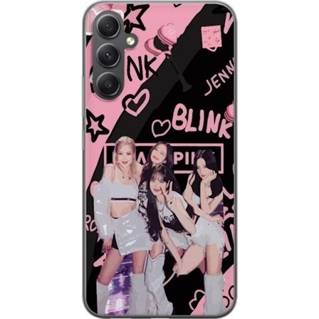 Kompatibel Mobilcover til Samsung Galaxy A15 5G Blackpink Blink design med Lisa Jennie Jisoo og Rose, lyserød og sort baggrund, fanmerchandise og ligh