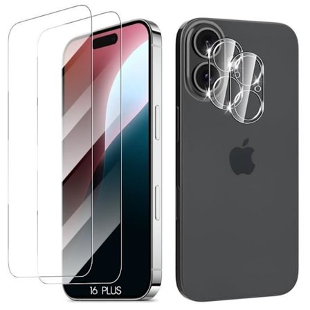 Skärmskydd och kamera - för iPhone 16 Plus - Härdat glas - 2 glas - Repbeständigt - Stötsäkert
