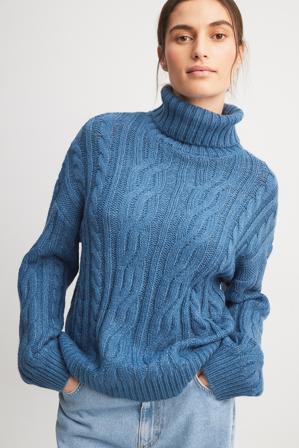 NA-KD Pull col roulé en maille torsadée - Tricot épais - Bleu - Medium