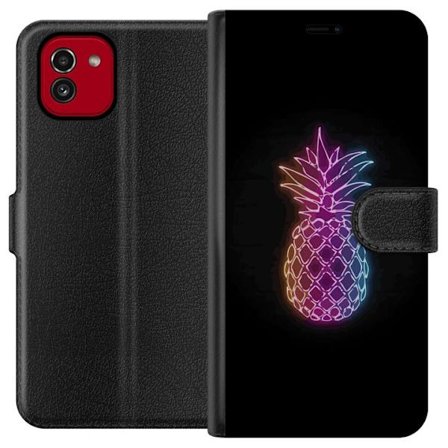 Kompatibelt Lommeboketui til Samsung Samsung Galaxy A03 Neonlysillustrasjon av ananas i fargerikt lys mot svart bakgrunn
