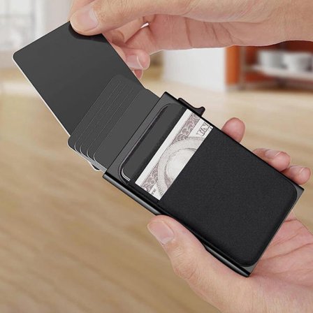 Kortholder der kan rumme 10 kort - Tyverisikret pop-ud automatisk kreditkortholder - Tegnebog - Kortholder - Organizer - Sort