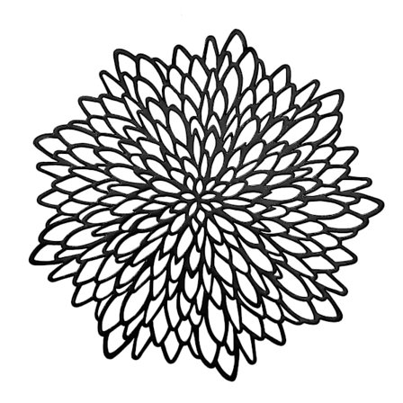 Sett med 6 svarte plassmatter i presset vinyl med utskjæringer, runde blomsterformede middagsmatte, midtpunktdekor