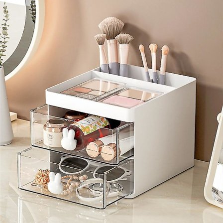 Hvid Snowy Mountain - 2 Skuffe Makeup Organizer - Plastik Og Kosmetik Opbevaring - Kosmetik, Polish, Etc. Skuffeboks I Stabelbar Design Til 