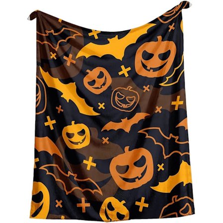 Pumpafilt - Dekorativt läskigt knäfilt med pumpa-fladdermusmönster, stolssäng sovsal soffa filt