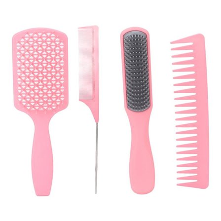 4-delt hårbørste- og kamssett for styling, padlebørste, ni rader børste, spisskam, bredtannet kam for menn og kvinner, rosa eskeemballasje