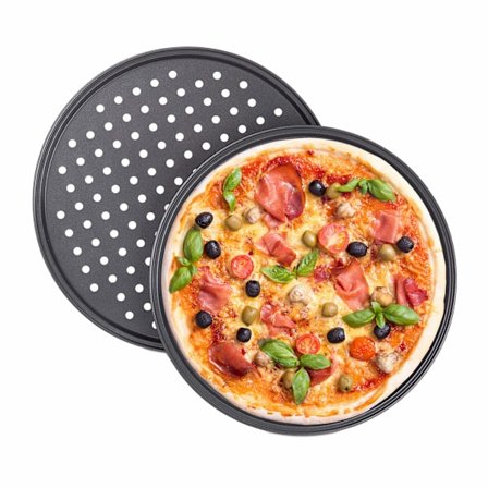 Pizzafat, sett med 2, rund, perforert, non-stick, pizza og flammekake, karbonstål, sprøtt brett, ∅ 32 cm, grå