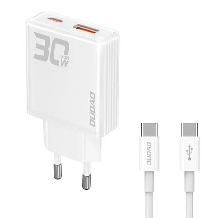 Dudao GaN USB-C-lader 30 W med USB-A, USB-C og USB-C–USB-C-kabel – hvit