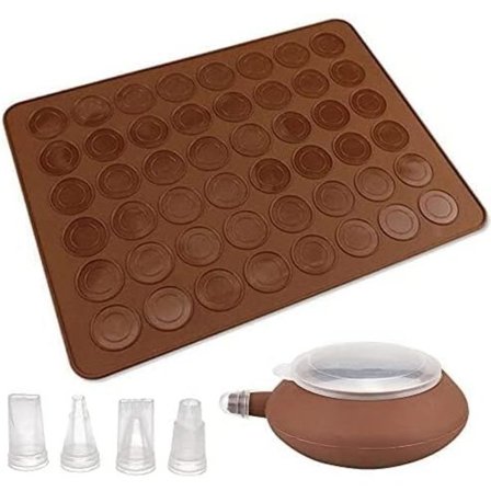 Macaron-matto, silikoninen leivontamatto, muottisetti, 48 reiän kapasiteetti, tarttumaton leivontavuoka, kakkuvuokasetti, koristelukynillä ja 4 