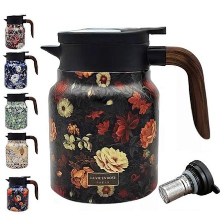 Vintage Blommig Te Termos med Inbyggd Sil, 1000ml Rostfri Termoskanna Tekanna för Varma Drycker, Hem & Kontor