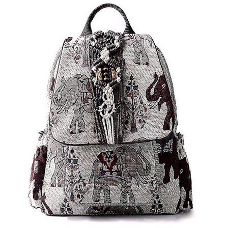 Rygsæk til kvinder Lærredstaske Håndvævet Elefanttaske Print Rygsæk