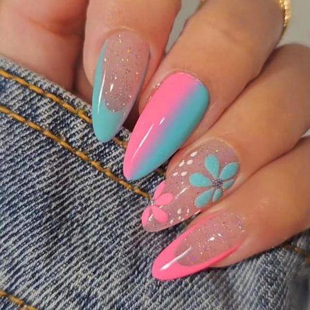 24 st blommtryck på naglar korta, mandelformade falska naglar fransk spets glänsande blå rosa falska naglar med elegant design, stilett akryl full 