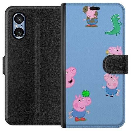 Kompatibel Tegnebogsetui til Sony Xperia 5 V Peppa Pig ansigtsmønster på lyseblå baggrund, gentaget legende børne motiv med Greta Gris