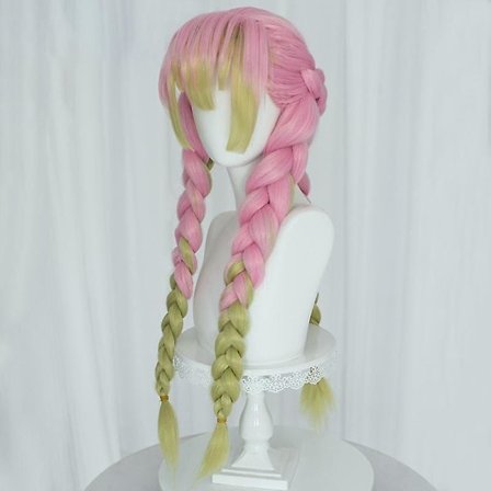 Anime rosa og grønn parykk for Mitsuri Cosplay flettet hår parykk med fletter Halloween fest parykk + lue, wz-2055 (FMY)