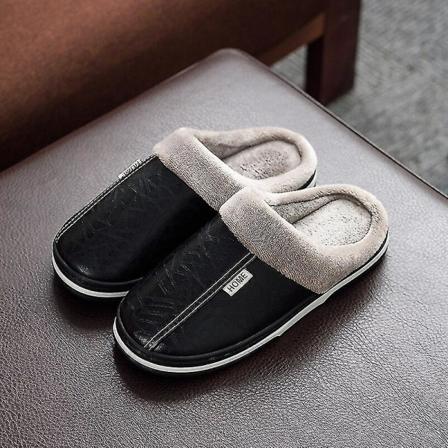 Iso koko Miesten Pu-nahkaiset tossut sisäkäyttöön vedenpitävät kotiturkikset, miespari, litteät naiset, miehet, talvitossut, puuvillakengät Black 38-