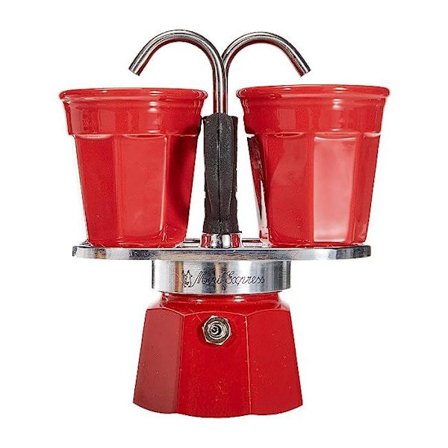 Set kaffekokare i italiensk stil + 2 koppar - BIALETTI - Mini-express - Rostfritt stål / Röd