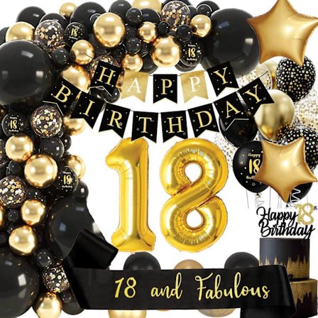 18 års fødselsdag dreng pige balloner og guirlande - sort guld, 18 år