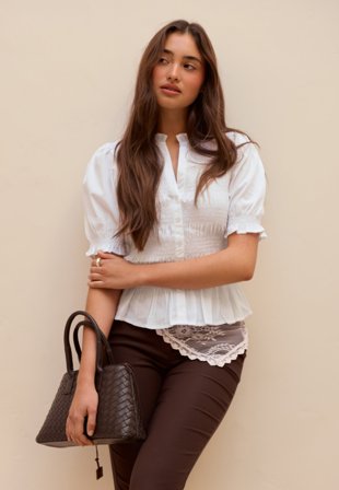 BUBBLEROOM - Short Sleeve Cotton Smock Blouse - White