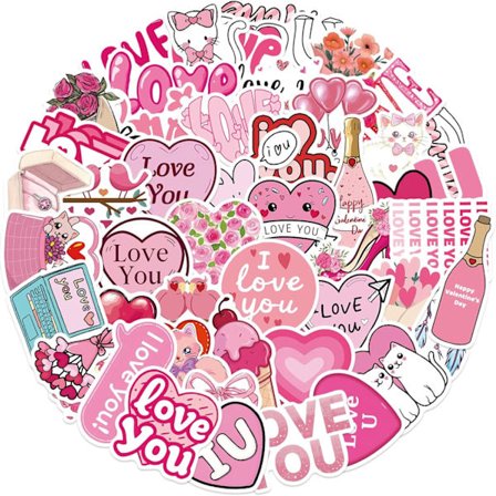 50 stk. lyserøde kærlighedsstickers Valentinsdag-stickers til journal scrapbooking tegneserie lyserød æstetisk aftale til børn pige voksen (Love Fen)