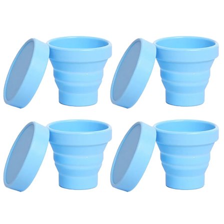 4-pak sammenklappelig rejsesilikonekop, bærbar campingkrus med låg, fødevarekvalitets kop sæt til udendørs drikke, blå