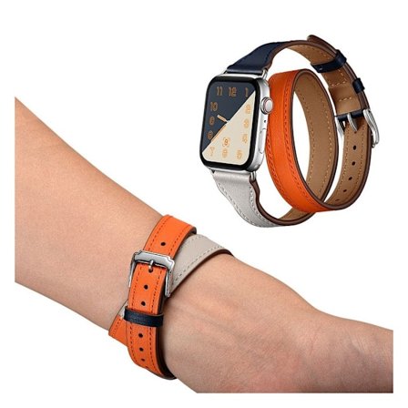 Apple Watch Series 5 44mm bi-colored circle design ægte læder Urrem - Orange / Mørkeblå / Hvid