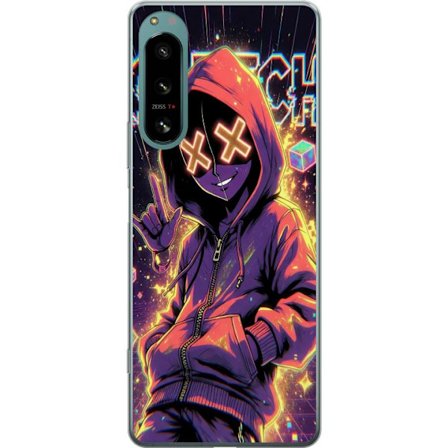 Kompatibelt Mobilskal till Sony Sony Xperia 5 IV Cyberpunk-inspirerad hoodie-karaktär med neon, glitch-effekter och mask, futuristisk digital konst f