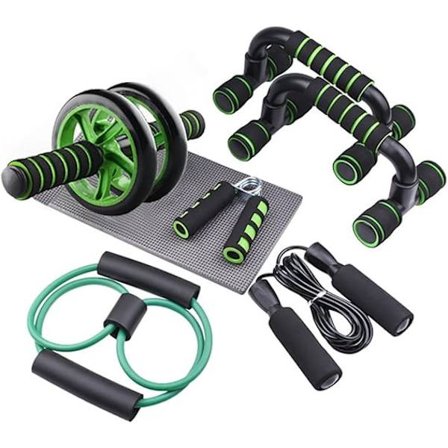 7-in-1 punnerrustelinepakkaus vatsarullalla, vastuskuminauhalla, hyppynarulla, käsipuristimella, polvityynyllä – monitoiminen kotikuntosalilaite