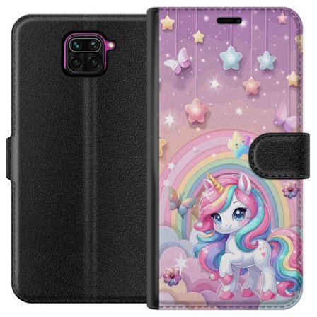 Yhteensopiva Lompakkokotelo Xiaomi Redmi Note 9 Maaginen yksisarvinen, jolla on sateenkaarimane, tähtiä ja perhosia vasten pastellinväristä taivas