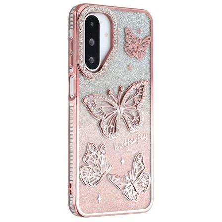 SKALO Samsung A26 5G Butterfly Rhinestones Suojakuori - Pinkki