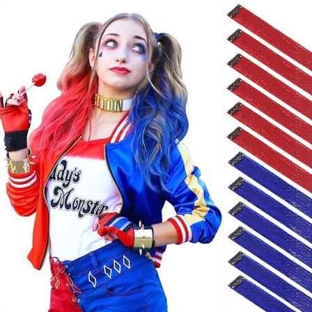 Kongeblå og røde 55 cm lange rette hår extensions - 12 deler naturlige syntetiske fargede hårstykker