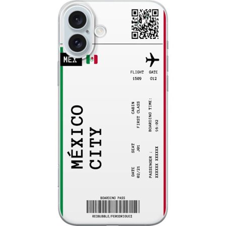 Kompatibel Mobilcover til Apple iPhone 16 Plus Mexico City boarding pass design med flyoplysninger, flag og QR-kode. Rejseinspireret motiv perfekt til