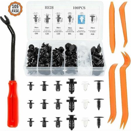 100 stk. bilklips, nitklips i plast og 4 stk. bildemonteringsverktøy med 1 stk. klipsavtrekker (FMY)