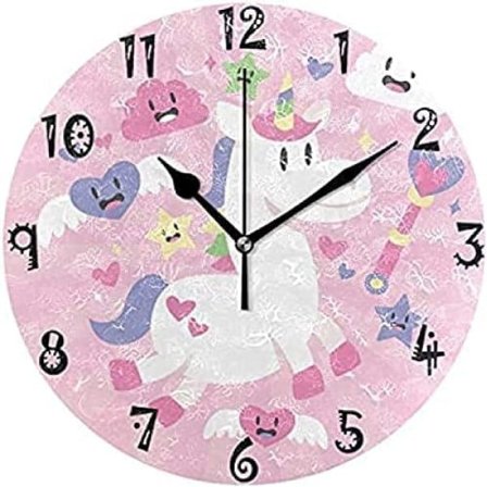 IC Art Rosa Häst Hjärta Cirkulär Väggklocka Rund Tallrik Tyst Icke Tickande Klocka för Kök Sovrum Hemmakontor Skola Kid Pojkar Flickor Dekor