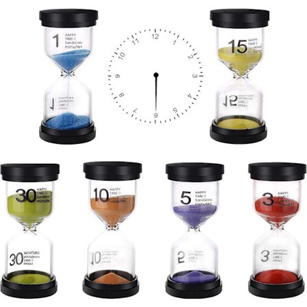 6 stk. timeglass sandur, timeglass for barn, nedtellingstimer 1、3、5、10、15、30 minutter for tannpuss, dusj, barneleker, gaver til kjøkken, hjemmekontor