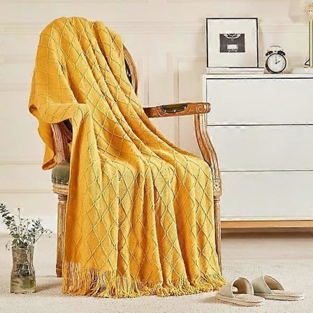 Strikkede tepper for sofa og seng, mykt og koselig strikket teppe med dusk, ingefærlys dekorative tepper og sengetepper