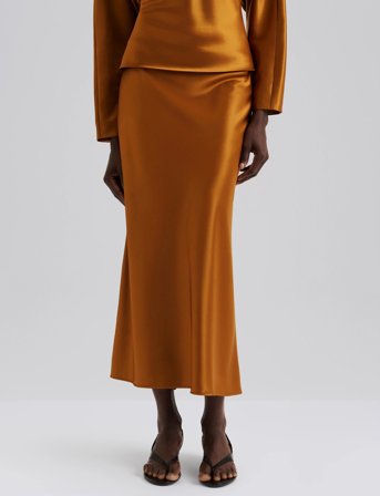 Malina Aubree Satin Midi Skirt - Brown - XS